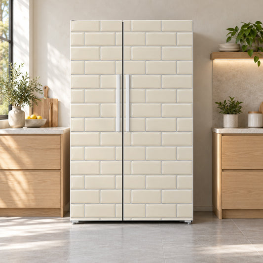 Cream Subway Tile fridge wrap on a side-by-side refrigerator