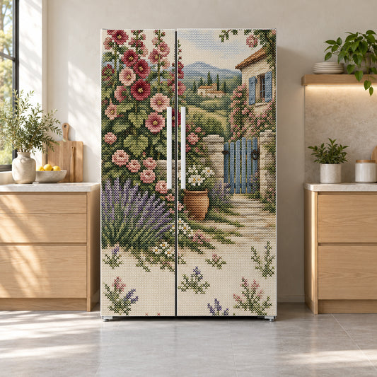 Cross-Stitch Cottage Garden fridge wrap on a side-by-side refrigerator