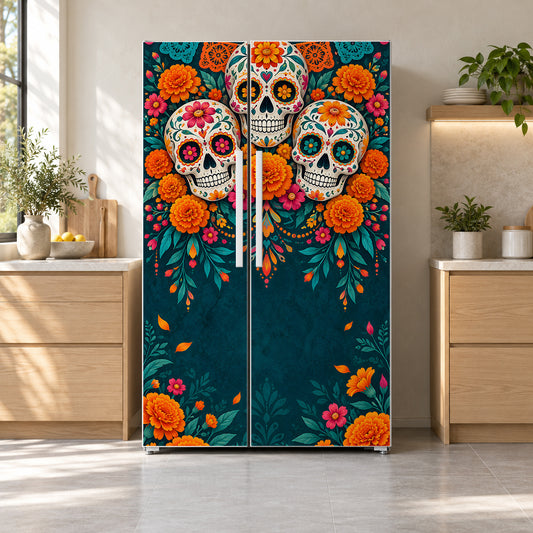 Day of the Dead Sugar Skulls fridge wrap on a side-by-side refrigerator