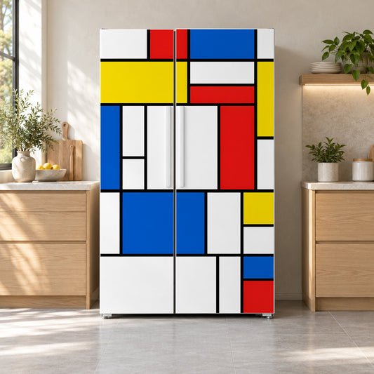 De Stijl Color Block Grid fridge wrap on a side-by-side refrigerator