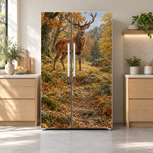 Deer in Autumn Forest fridge wrap on a side-by-side refrigerator