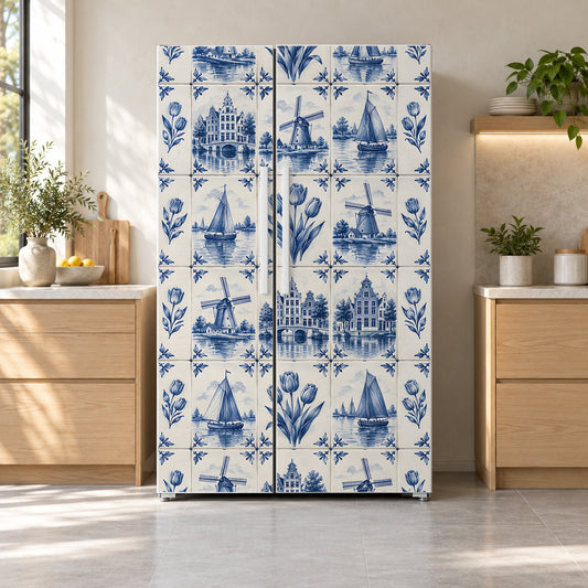 Delft Blue Tiles fridge wrap on a side-by-side refrigerator