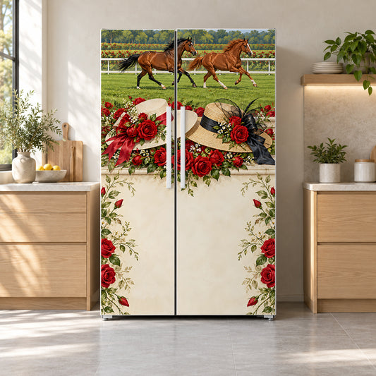 Derby Day Roses & Racehorses fridge wrap on a side-by-side refrigerator