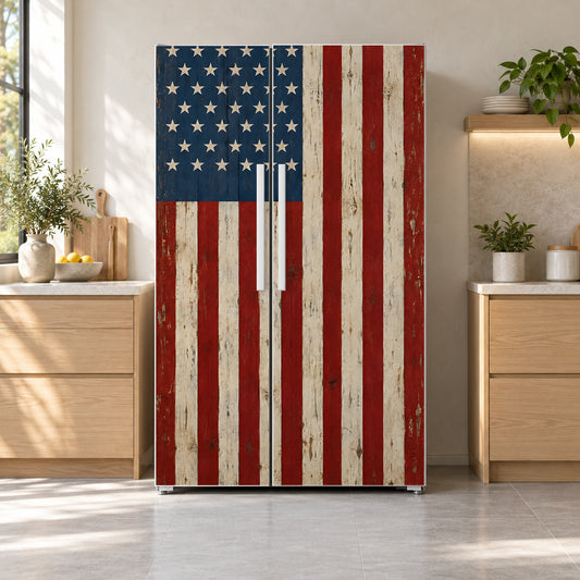 Distressed American Flag fridge wrap on a side-by-side refrigerator