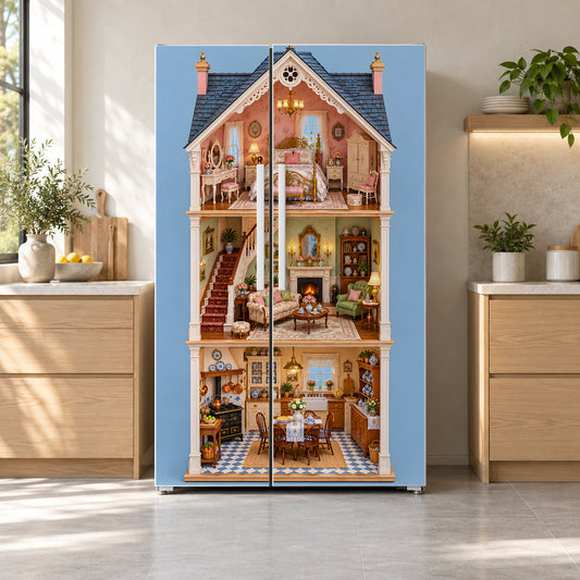 Dollhouse Rooms fridge wrap on a side-by-side refrigerator