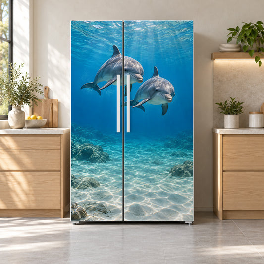 Dolphins fridge wrap on a side-by-side refrigerator