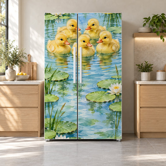 Ducklings in the Pond fridge wrap on a side-by-side refrigerator