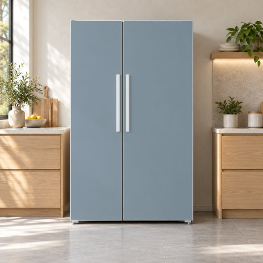 Dusty Blue-Gray fridge wrap on a side-by-side refrigerator