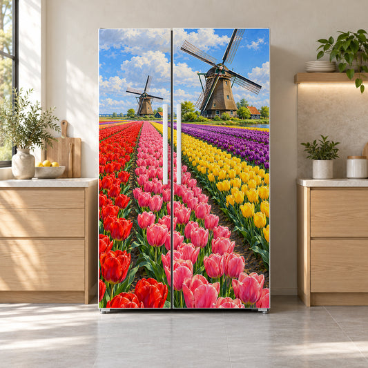 Dutch Windmills & Tulip Fields fridge wrap on a side-by-side refrigerator