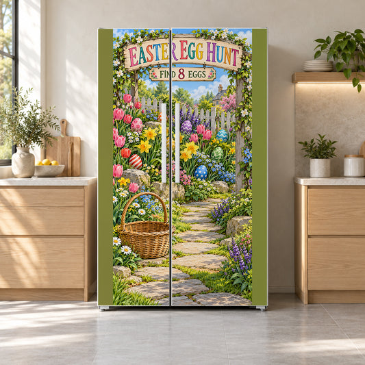 Easter Egg Hunt Garden fridge wrap on a side-by-side refrigerator
