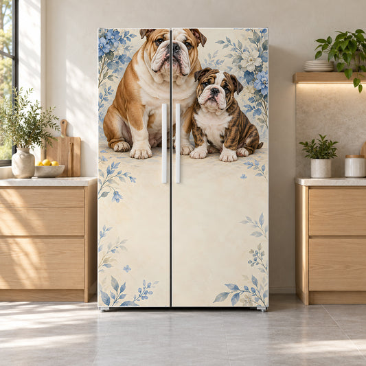 English Bulldogs fridge wrap on a side-by-side refrigerator