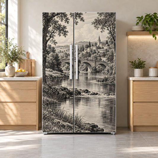 Engraving River Landscape fridge wrap on a side-by-side refrigerator