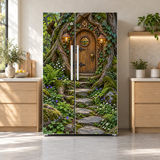 Fairy Door in a Tree fridge wrap on a side-by-side refrigerator