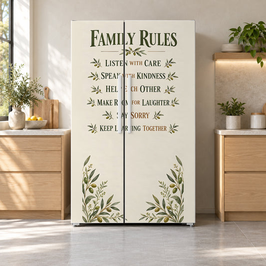Family Rules fridge wrap on a side-by-side refrigerator
