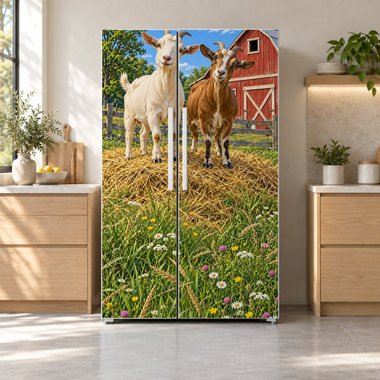 Farm Goats fridge wrap on a side-by-side refrigerator
