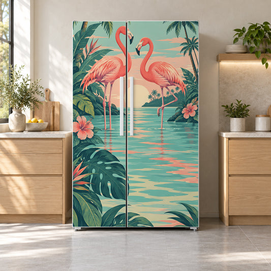 Flamingos fridge wrap on a side-by-side refrigerator
