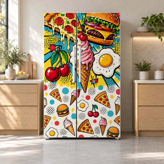 Food Pop Art fridge wrap on a side-by-side refrigerator