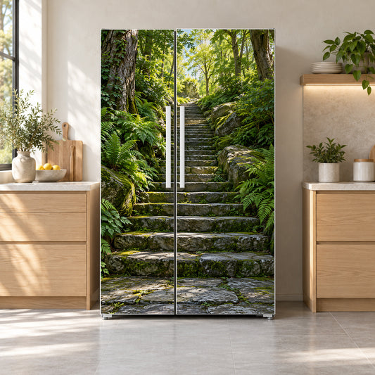 Forest Stone Staircase fridge wrap on a side-by-side refrigerator