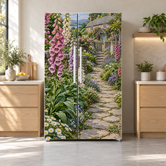 Foxgloves Cottage Garden fridge wrap on a side-by-side refrigerator