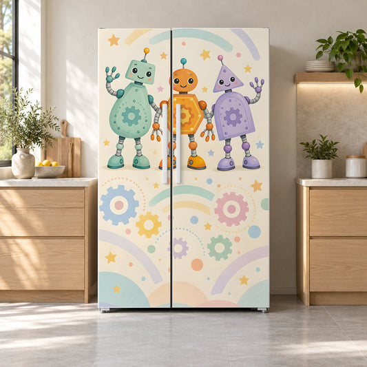 Friendly Robots fridge wrap on a side-by-side refrigerator