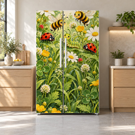 Garden Bugs Explorer fridge wrap on a side-by-side refrigerator