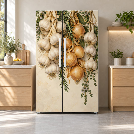 Garlic & Onion Braids fridge wrap on a side-by-side refrigerator