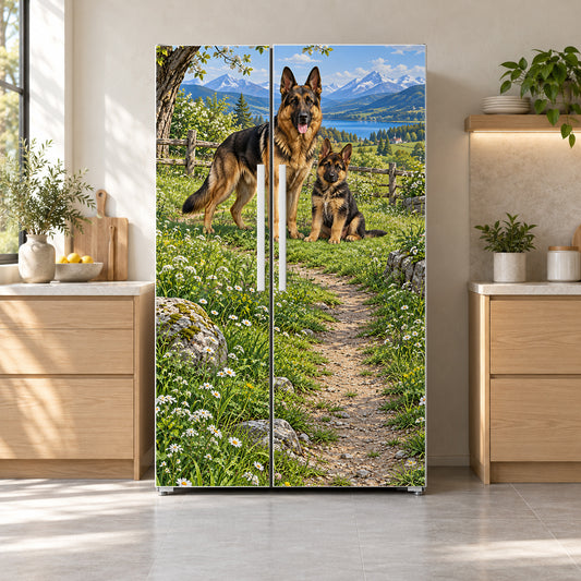 German Shepherds fridge wrap on a side-by-side refrigerator