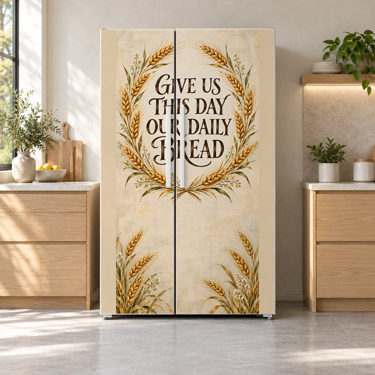 Give Us This Day Our Daily Bread fridge wrap on a side-by-side refrigerator