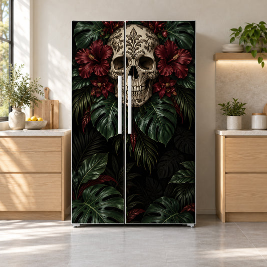 Gothic Tropical Skull fridge wrap on a side-by-side refrigerator