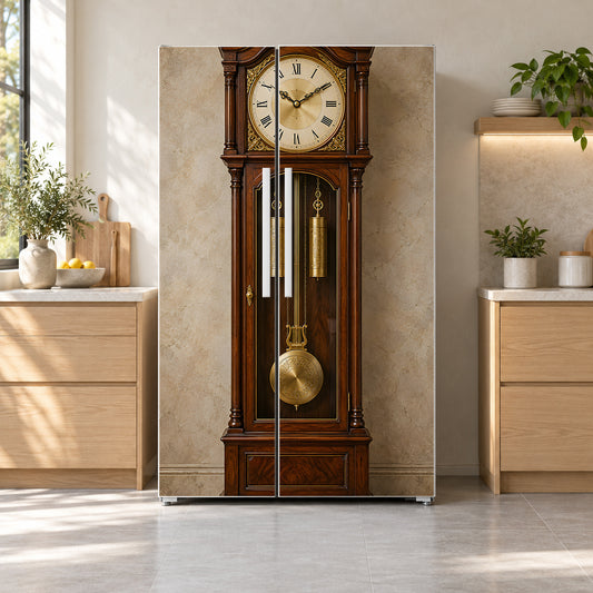 Grandfather Clock fridge wrap on a side-by-side refrigerator