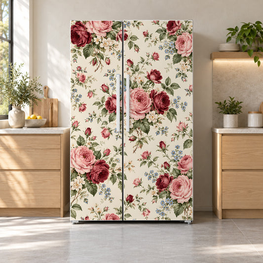 Grandma Chintz Roses fridge wrap on a side-by-side refrigerator