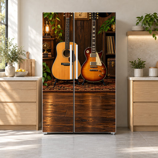 Guitars fridge wrap on a side-by-side refrigerator