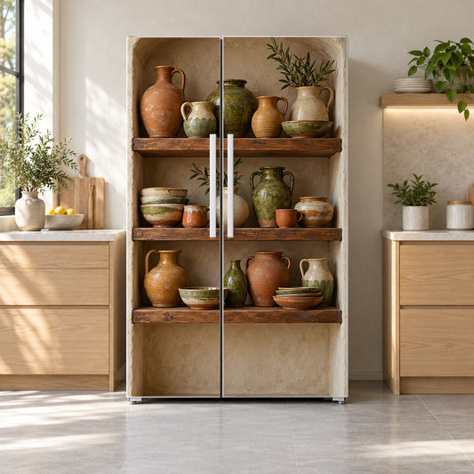 Handmade Pottery Shelves fridge wrap on a side-by-side refrigerator