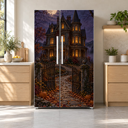 Haunted Victorian House fridge wrap on a side-by-side refrigerator
