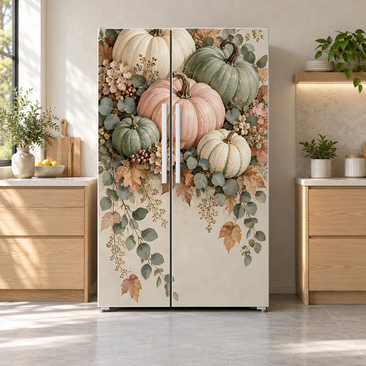 Heirloom Pastel Pumpkins fridge wrap on a side-by-side refrigerator