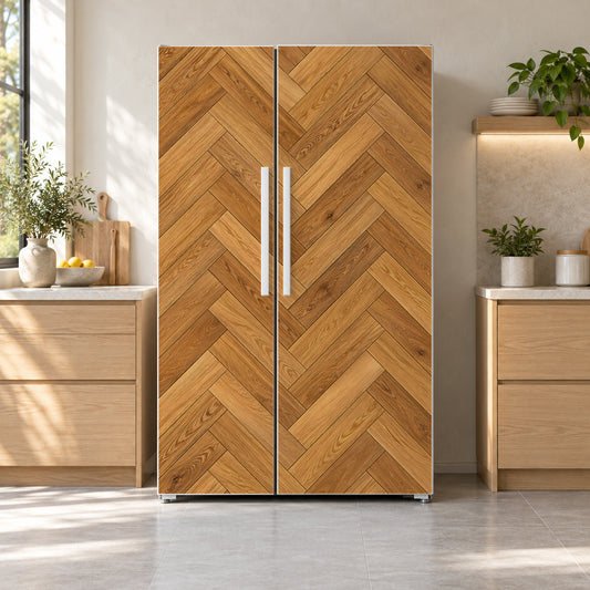 Herringbone Parquet fridge wrap on a side-by-side refrigerator