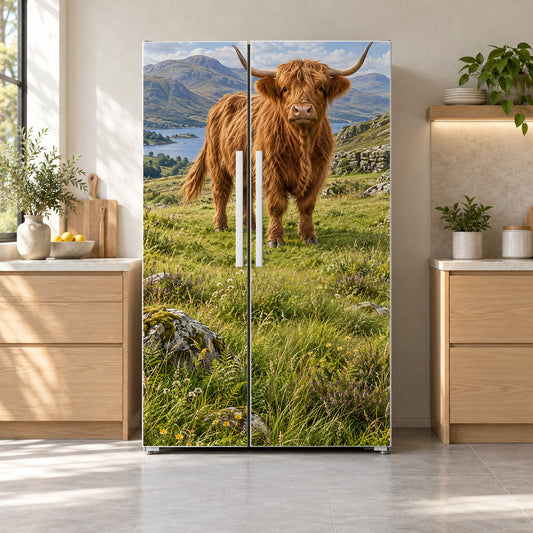 Highland Cow fridge wrap on a side-by-side refrigerator