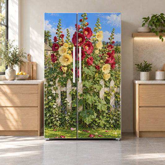 Hollyhocks fridge wrap on a side-by-side refrigerator