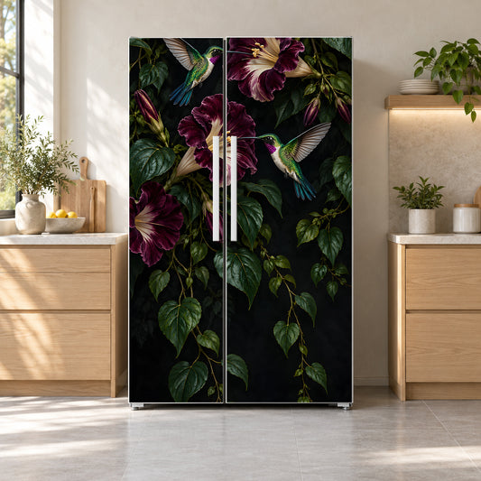 Hummingbirds & Dark Florals fridge wrap on a side-by-side refrigerator