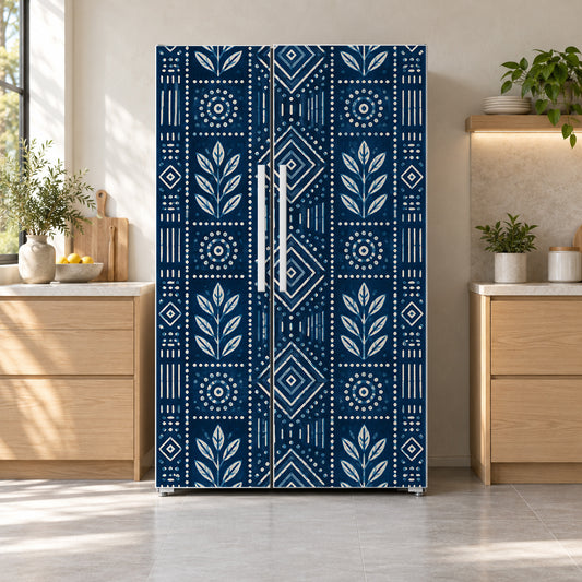 Indigo Block Print fridge wrap on a side-by-side refrigerator