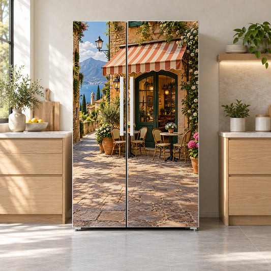 Italian Street Cafe fridge wrap on a side-by-side refrigerator