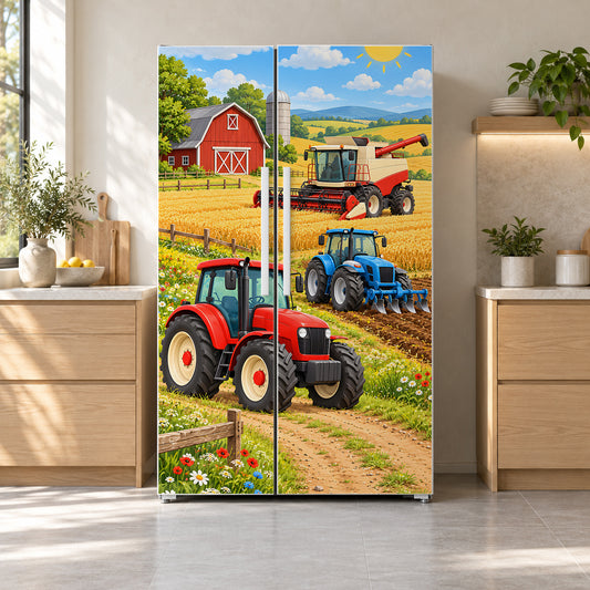 Kids Tractors on the Farm fridge wrap on a side-by-side refrigerator