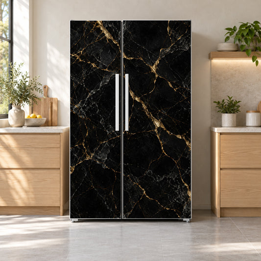 Kintsugi Marble fridge wrap on a side-by-side refrigerator