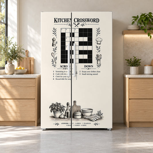 Kitchen Crossword Puzzle fridge wrap on a side-by-side refrigerator