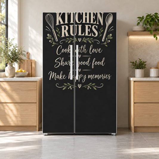Kitchen Rules Chalkboard fridge wrap on a side-by-side refrigerator