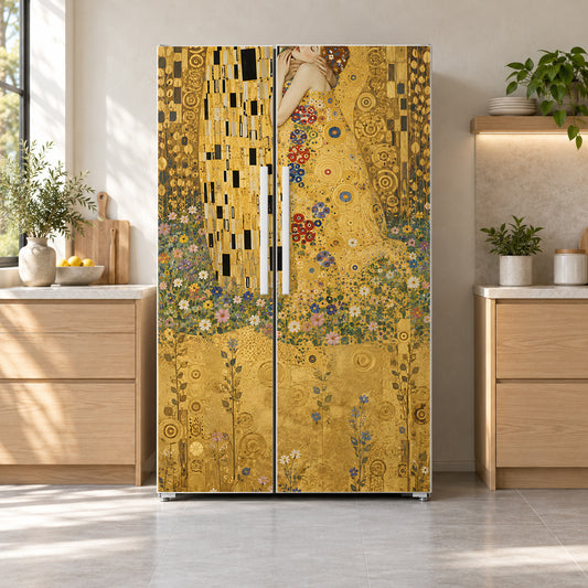 Klimt Inspired The Kiss fridge wrap on a side-by-side refrigerator