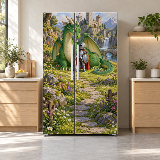 Knights & Dragons fridge wrap on a side-by-side refrigerator
