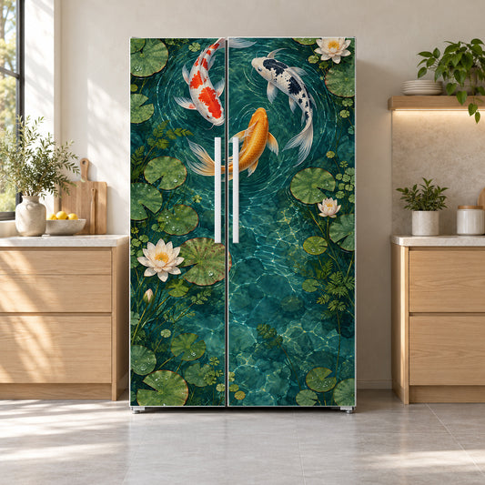 Koi Pond fridge wrap on a side-by-side refrigerator