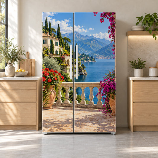 Lake Como Villa fridge wrap on a side-by-side refrigerator
