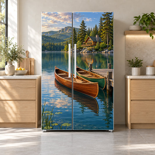 Lake House Canoes fridge wrap on a side-by-side refrigerator